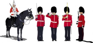 Vector image of five beefeaters. England guards.